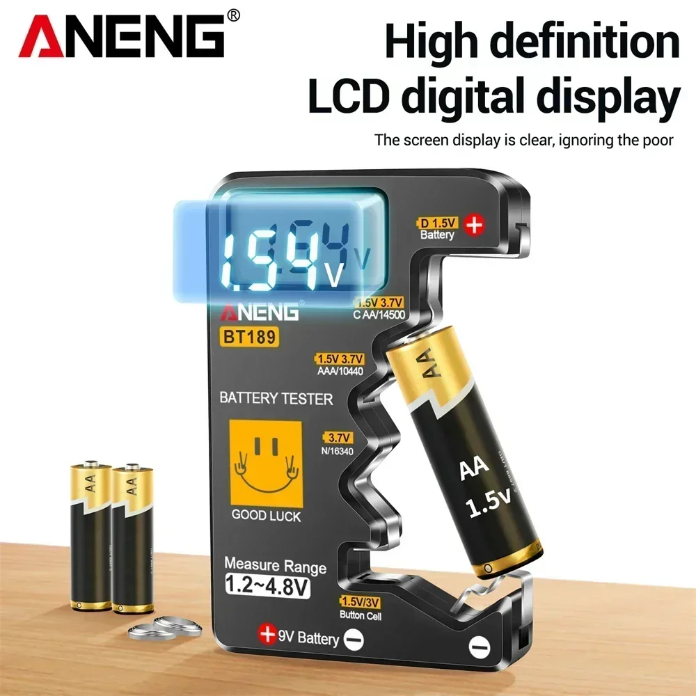 Фото Цифровой тестер батареек ANENG BT189 с ЖК-дисплеем для AA, AAA, C, D, 9V, 1.5V, 3V, кнопочных батареек, универсальный детектор батареек №1