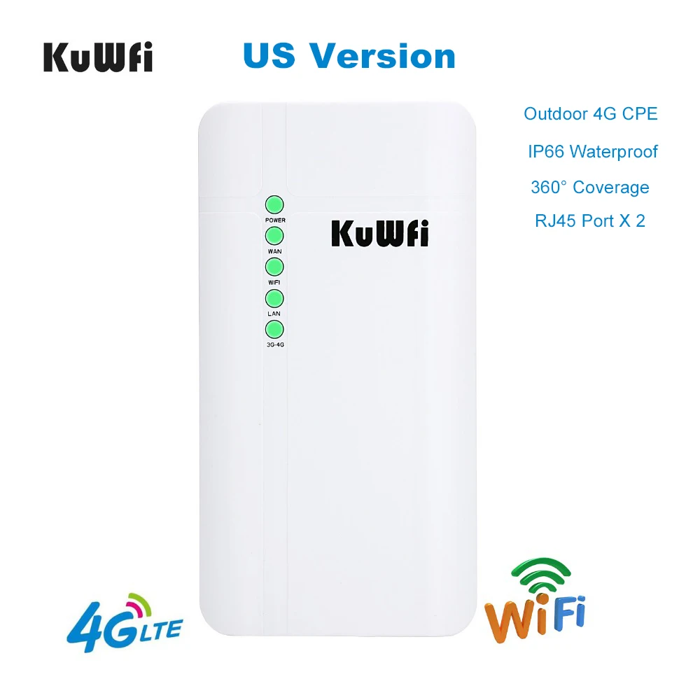 

KuWFi Outdoor 4G LTE CPE Router CAT4 150Mbps Waterproof Wireless Hotspot for IP Camera Outside WiFi Coverage Support 32 users