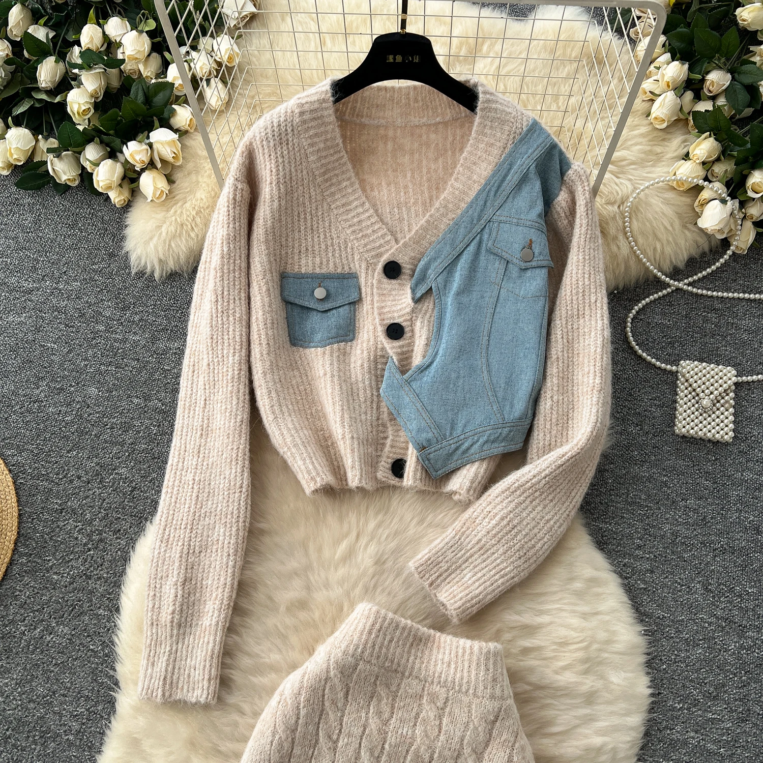 Женские лоскутные комплекты джинсовой одежды топы на пуговицах с v-образным