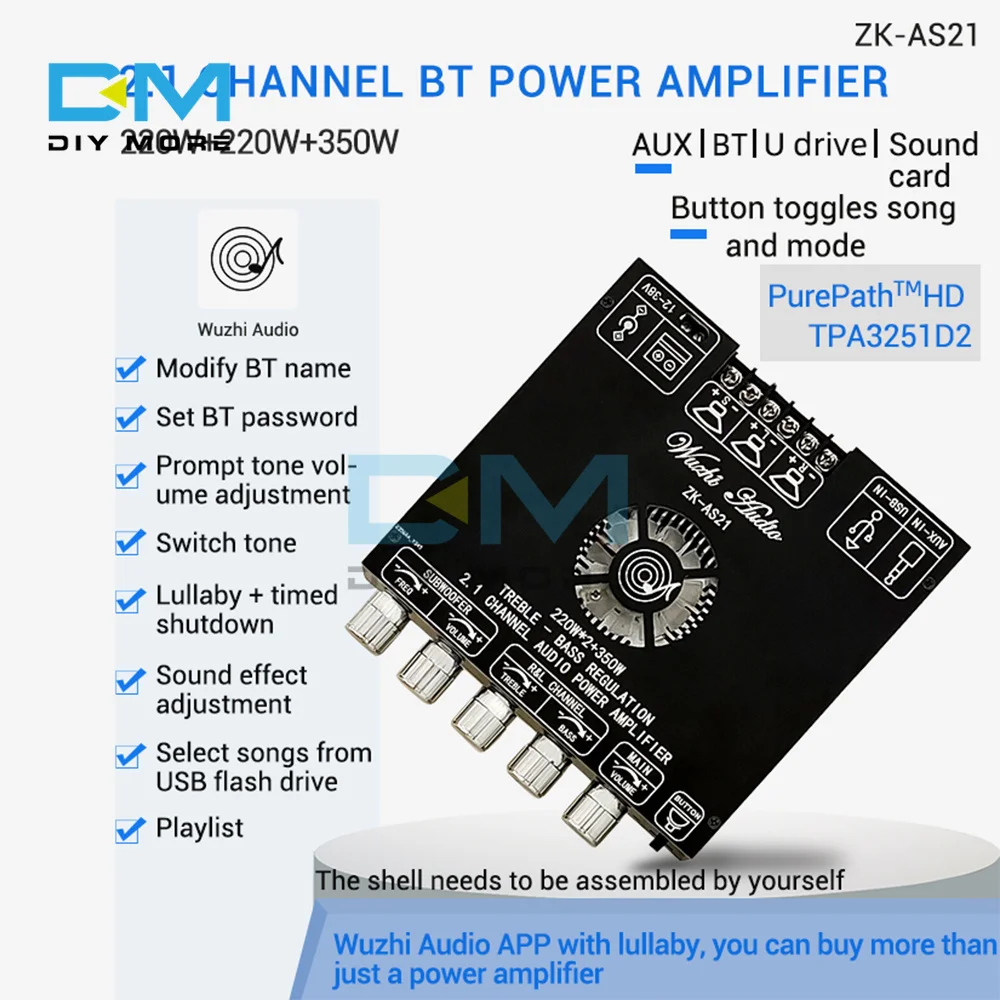 

ZK-AS21 Bluetooth 5,1 плата цифрового усилителя мощности для сабвуфера 2,1 каналов 350 Вт x2 + Вт TPA3255 модуль усилителя звука