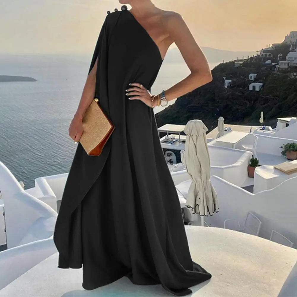 

Large Hem Stylish One Off Shoulder Loose Long Dress Breathable Lady Dress High Waist Party Clothing