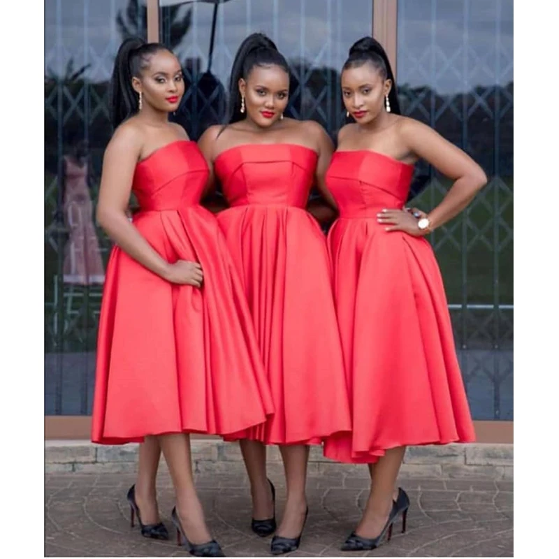 

Красные платья подружки невесты 2023, африканские черные платья без бретелек, трапециевидной длины, женское платье для свадебной вечеринки, платья