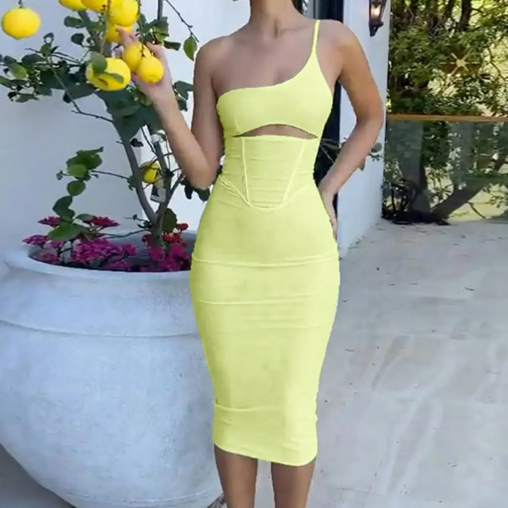 

Sexy Women Dress Front Hollow High-waisted Corset Design Hip Wrap One Shoulder Sling Lady Bodycon Long Dress Party Clothing