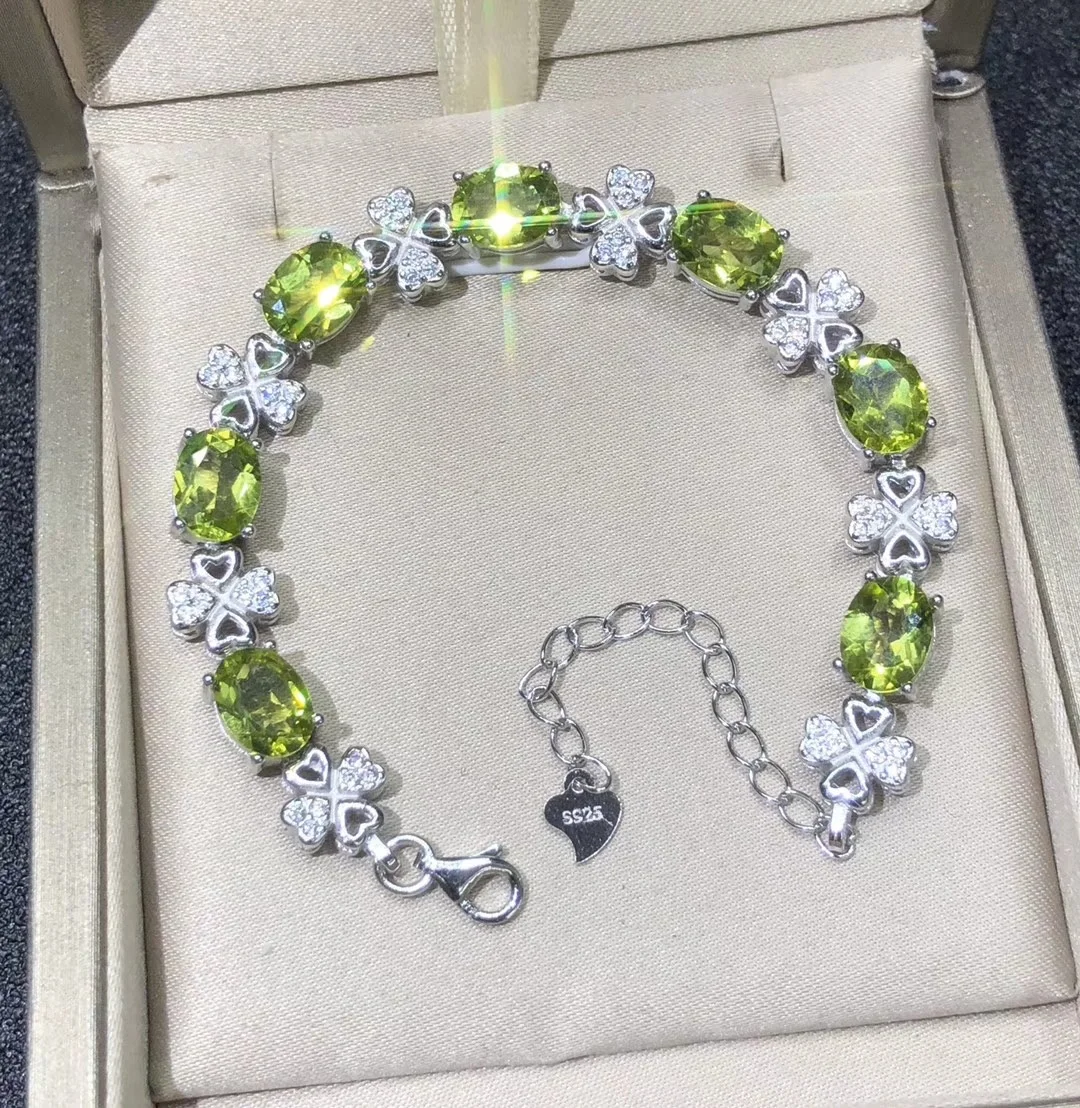 

Colorful gemstone women's geometric elements Natural olivine garnet amethyst topaz four leaf clover bracelet S925 silver inlaid