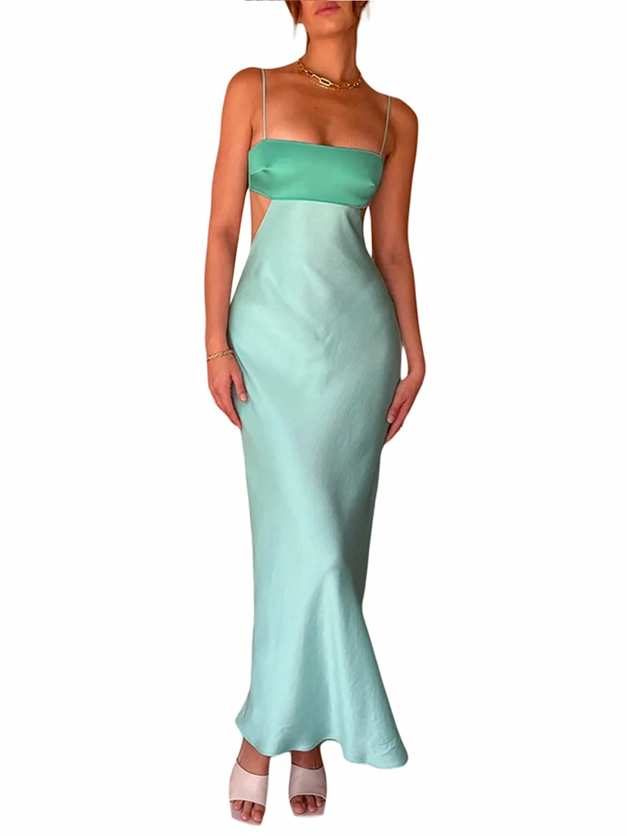 

Women Cutout Backless Patchwork Color Block Spaghetti Strap Bodycon Party Cocktail Dresses