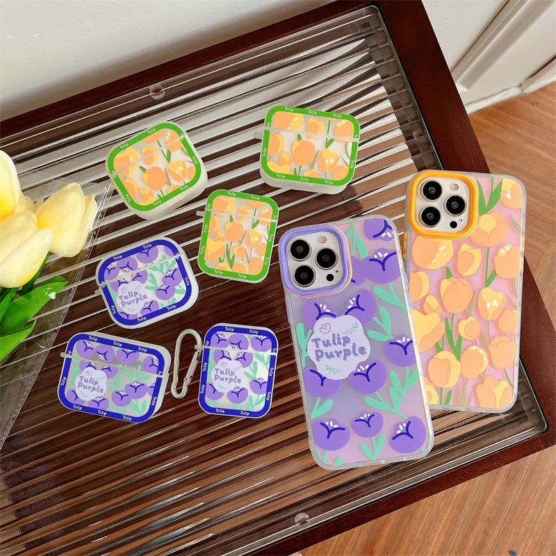 

For Airpods 1 2 Pro Earphone Case Silicone Soft Anti-fall Sweet Green Leaves Purple Yellow Tulip For Airpods 3 Earphone Case
