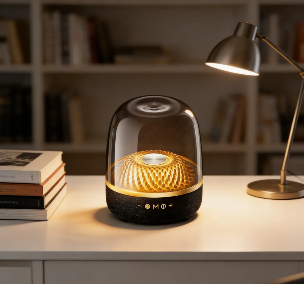 Фото Беспроводная колонка Huaqiangbei 5.3 с RGB LED подсветкой, настольный сабвуфер, прозрачный корпус, высокое качество звука, выходная мощность 120 Вт №4