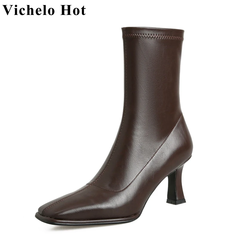 

Vichelo Hot Microfiber Square Toe High Heels Modern Boots Causal Kpop Style Oriental Stovepipe Handmade Cozy Zipper Ankle Boots