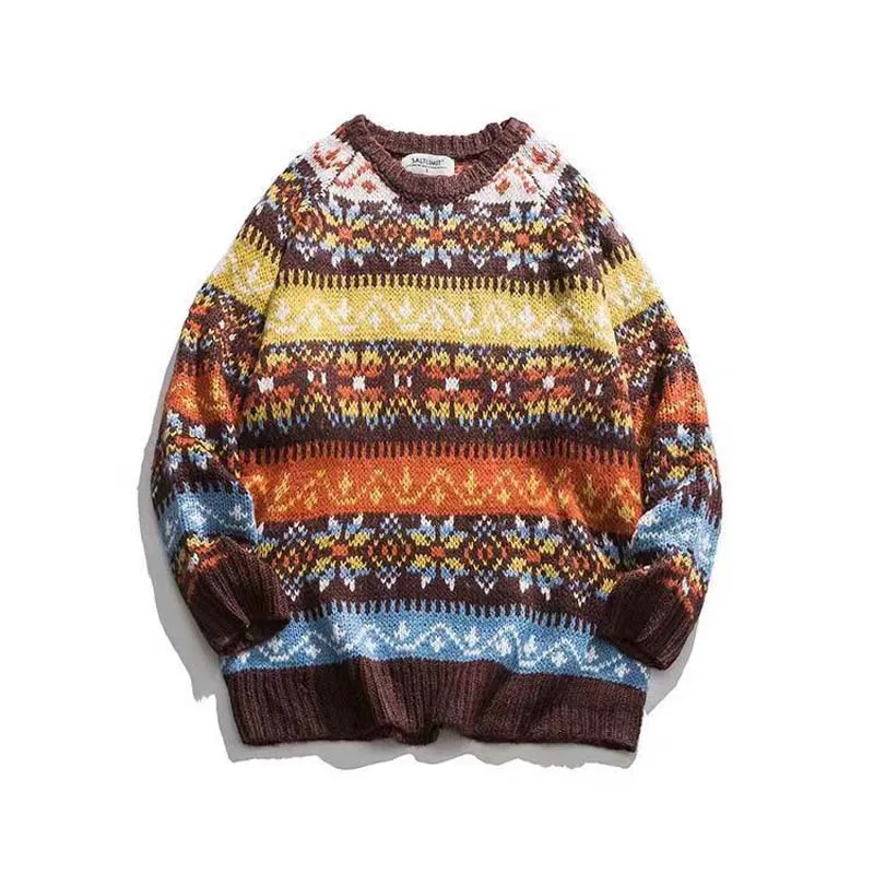 Autumn And Winter Famous Ethnic Style Sweater Men's Crewneck Casual Knit Thick And Loose Vintage Pullover Top Couple Thread