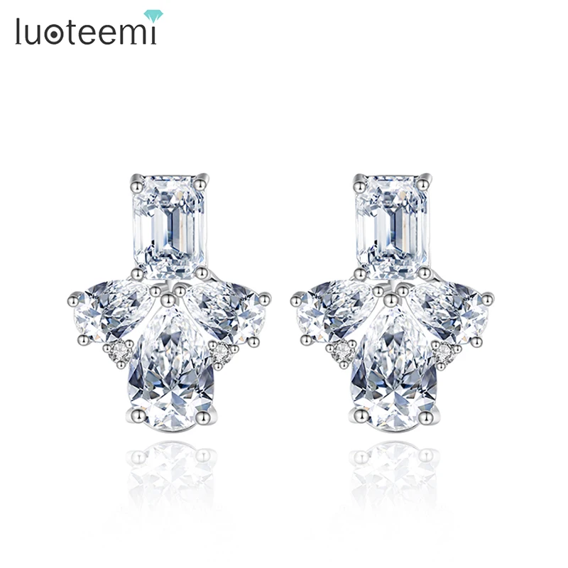 

LUOTEEMI CZ Earrings 2023 Luxury Design Trendy Clear Cubic Zircon Elegant Unique Women Ear Studs Daily Wear Party Jewelry Girls
