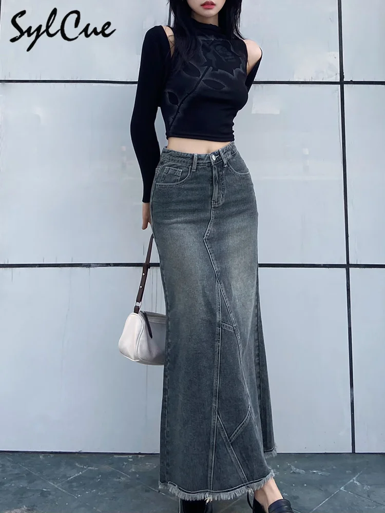 

Retro Classic All-Match Vitality Casual Commuter Outing Tight Sexy White Irregular Women'S Long Denim Skirt Girl Cool