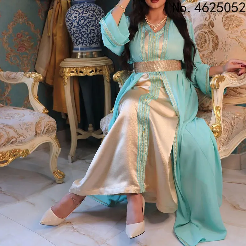 

2 шт. Кафтан Дубай абайя кимоно кардиган халат мусульманское платье комплект шифоновая открытая абайя s Caftan Marocain Oufits индейка