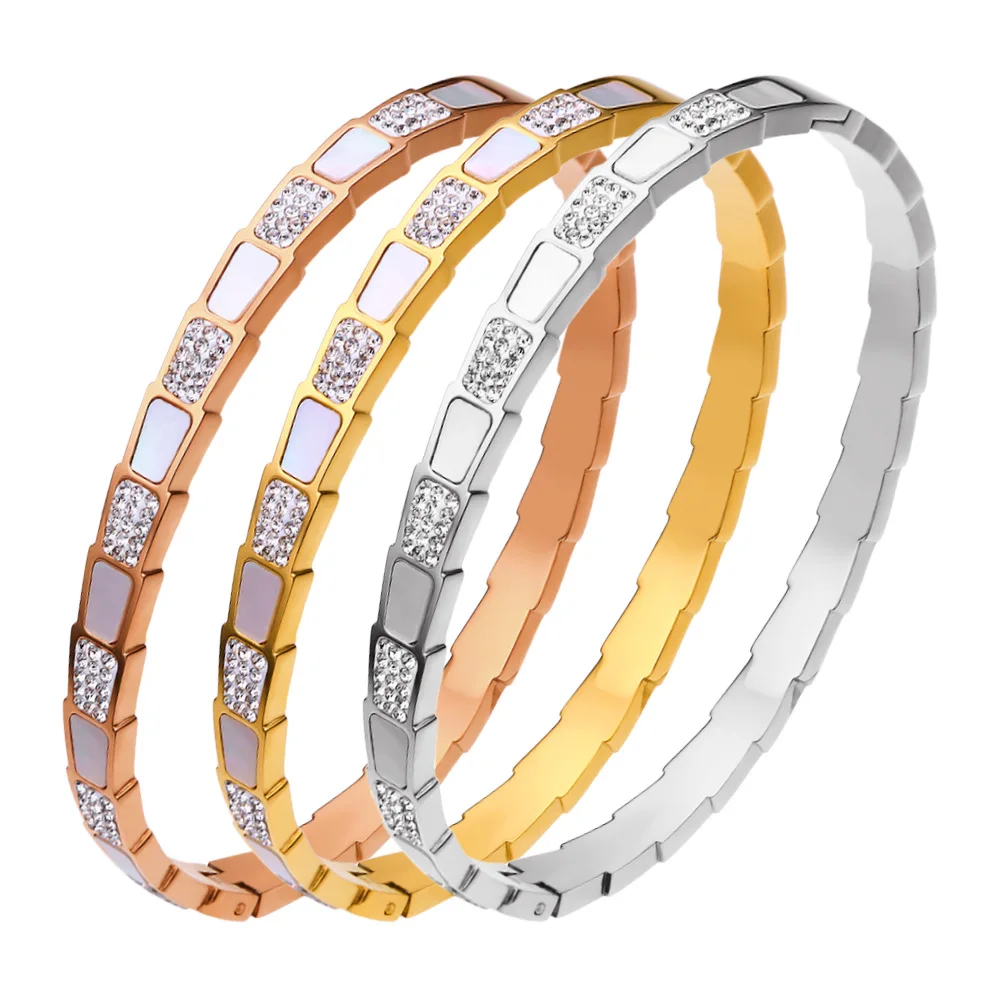 

Fashion Snake-Shaped Bracelets & Bangles CZ Zircon And Shells Bangle For Women Gold Stainless Steel Wrist Jewelry