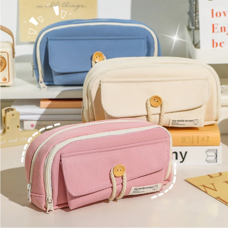 Case Big Capacity 3 Compartments Canvas Pencil Pouch  Sturdy