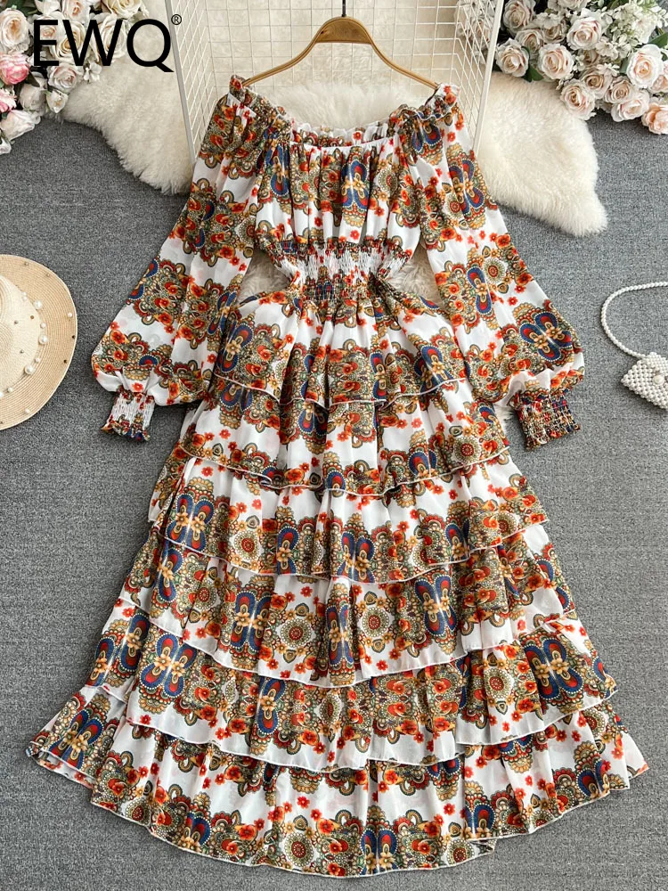 

EWQ Sweet Style Women's Lantern Long Sleeve Slash Neck Ruffles High Waist A-line Cake Dress 2023 Autumn New Dresses 27SN3752