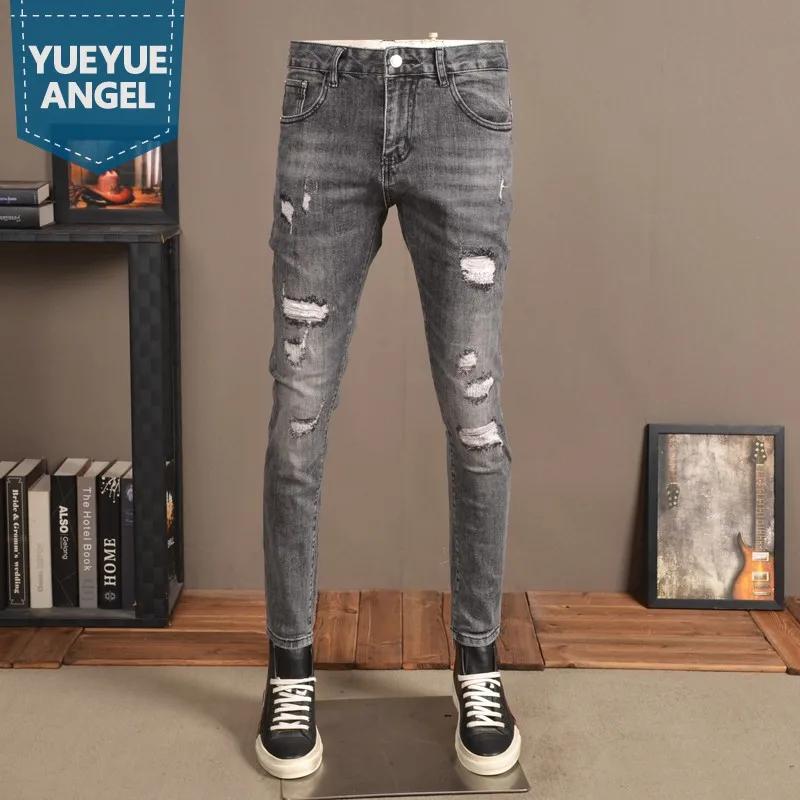 European Style Vintage Slim Fit Jeans Men Stretch Denim Pants Spring Men's Solid Long Jeans Casual Trousers for Male Hole Ripped
