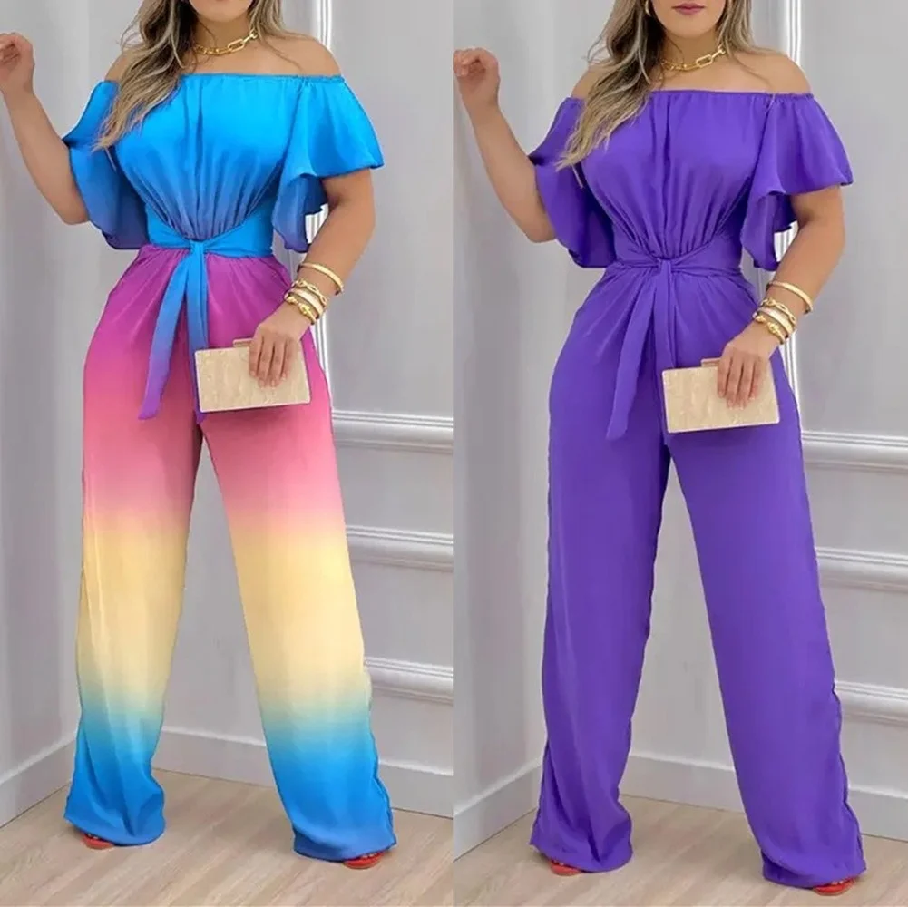 

Slash Neck Women Long Jumpsuit Fashion Summer Gradient Printing High Waist Off Shoulder Short-sleeved Wide-leg Jumpsuit Rompers