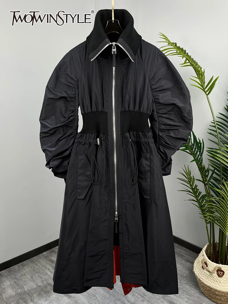 

TWOTWINSTYLE Black Trench Coat For Women Lapel Long Sleeve Straight Solid Coats Female Korean Fashion Clothing Style New 2022