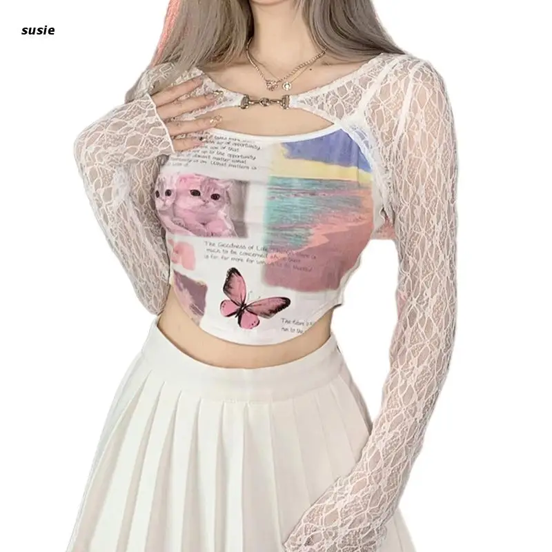 

Комплект одежды X7YA женский из 2 предметов в стиле Харадзюку, топ на бретелях-спагетти с надписью майка с принтом, с пряжкой, кружевной накидк...