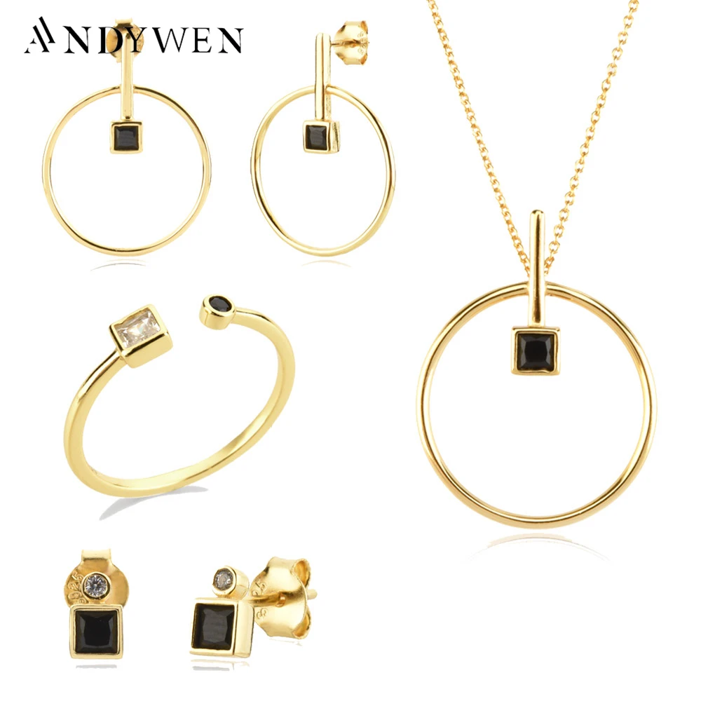 

Серьги-гвоздики ANDYWEN, из серебра 925 пробы, с кристаллом из прозрачного черного циркония, комплект ювелирных изделий, свадебный подарок, 2021