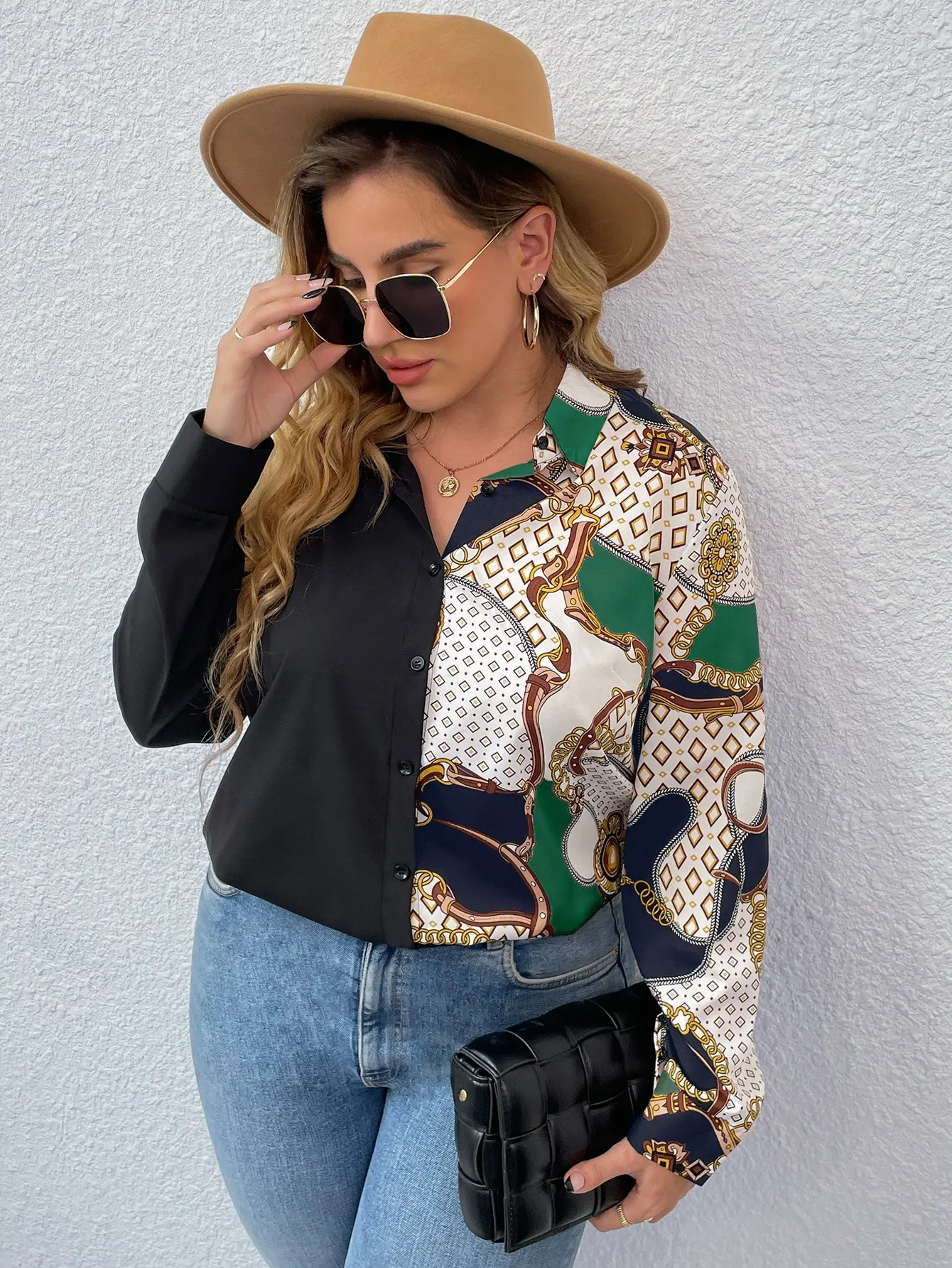 

Large Plus Size Green Blouses Women's Summer 2022 4XL Chain Print Tops Loose Patchwork Long Sleeve Casual Oversized Tees T Shirt