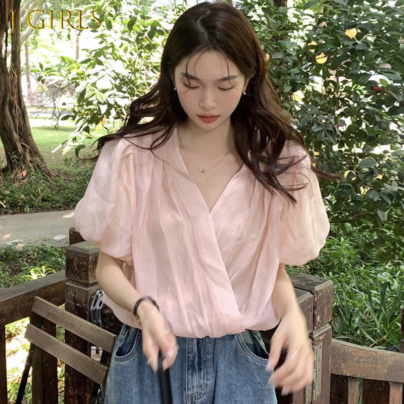 

J GIRLS Sweet Cross V Neck Woman Blouse 2022 Summer New Elegant Short Puff Sleeve All Match Top Female Korean Chic Fashion