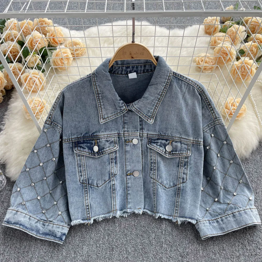 

Fashion Women Denim Jackets Beadings Embroidery Plaid Jean Jacket Spring Autumn Casual Loose Short Coats Female Outerwear