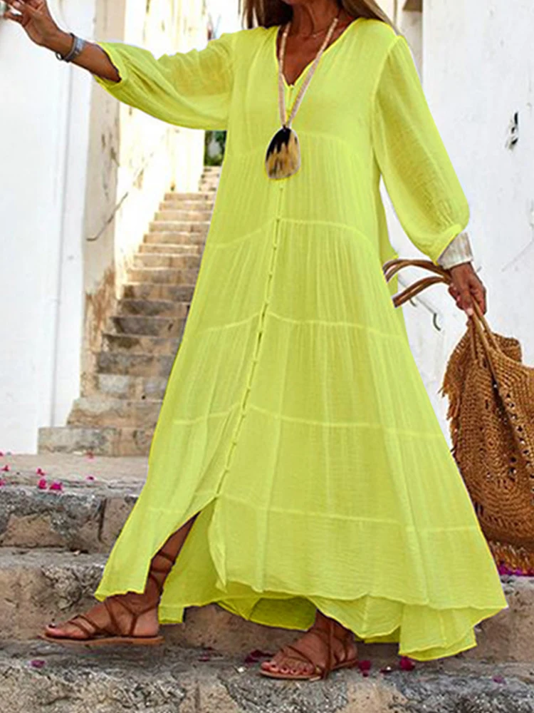 

2022 Summer V Neck Pleated Boho Long Dress Women Spring Single Breasted Button Slit Party Dress Casual Solid Loose Beach Dresses