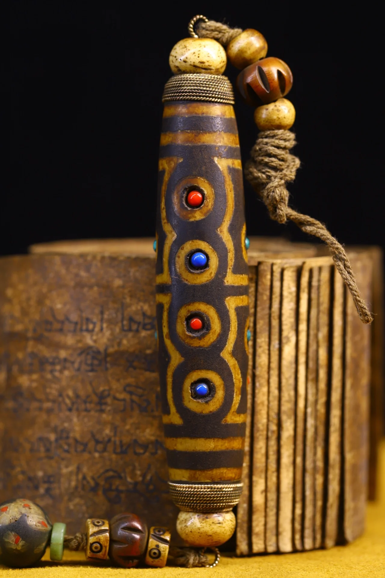 

5" Tibetan Temple Collection Old natural agate mosaic Gem Dzi Beads Amulet pendant nine eyeballs Buddhist utensils Town house