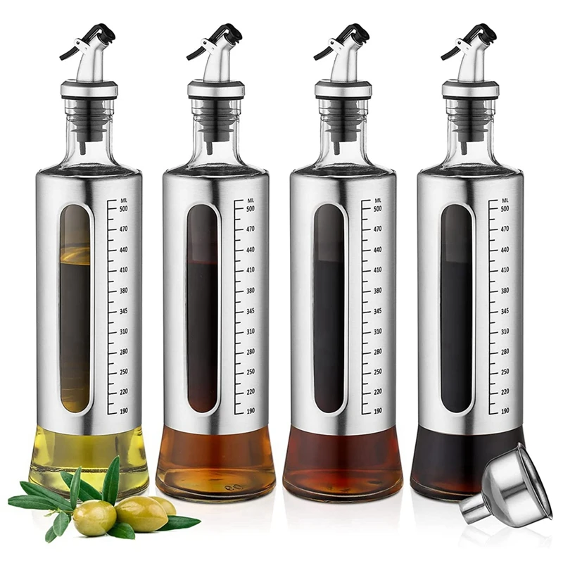 

4 Pack Oil Bottle, 500Ml Olive Oil Vinegar Dispenser Bottle Set, Stainless Steel Glass Oil Dispenser With 1Pcs Funnel CNIM Hot