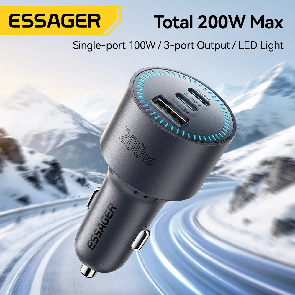 Фото Автомобильное зарядное устройство Essager 200W с USB Type-C, QC 4.0, 3.0, PD 100W, быстрая зарядка USB-C для iPhone 17, 16, Macbook Pro, Huawei №2