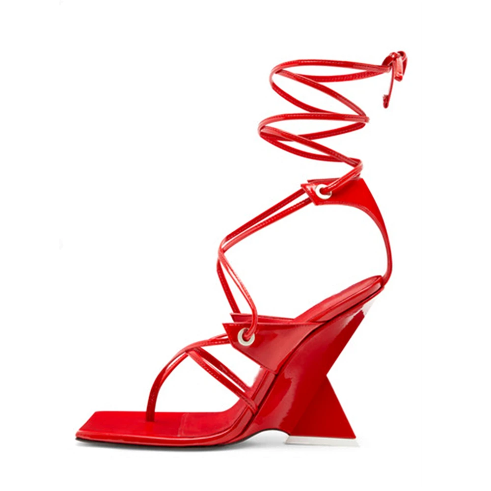 Summer New Women Fashion Square Clip Toe Lace-Up Ankle Strap Sandals Strange High Heels Cut-Outs Narrow Band Shoes Big Size 43