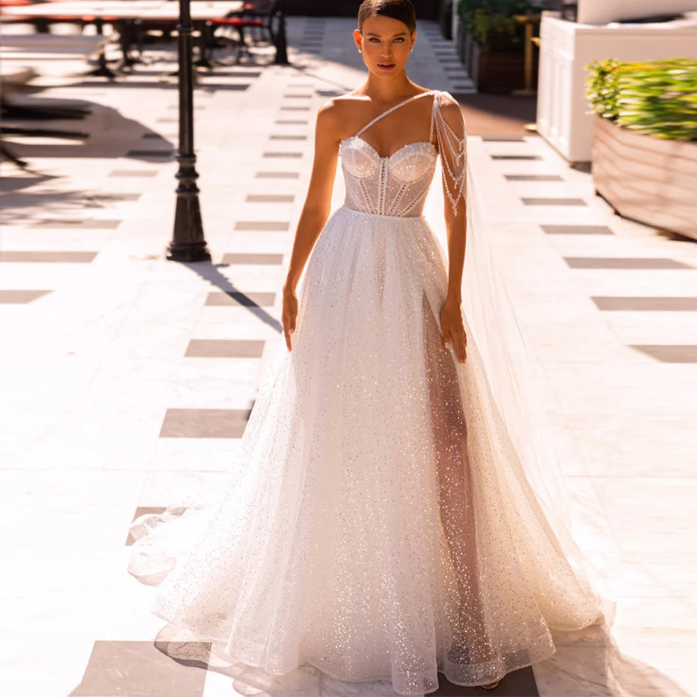 

Изысканное свадебное платье для невесты 2022, свадебное платье из тюля на одно плечо со шнуровкой, бохо, блестящее винтажное платье с блесткам...