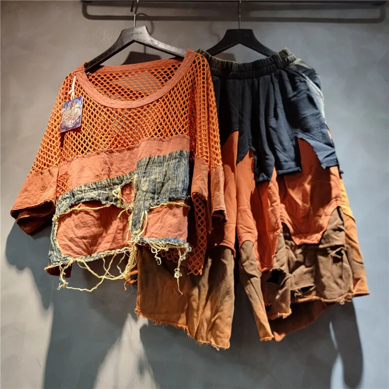 WTHT новые модные женские костюмы сетчатая джинсовая футболка с коротким рукавом в