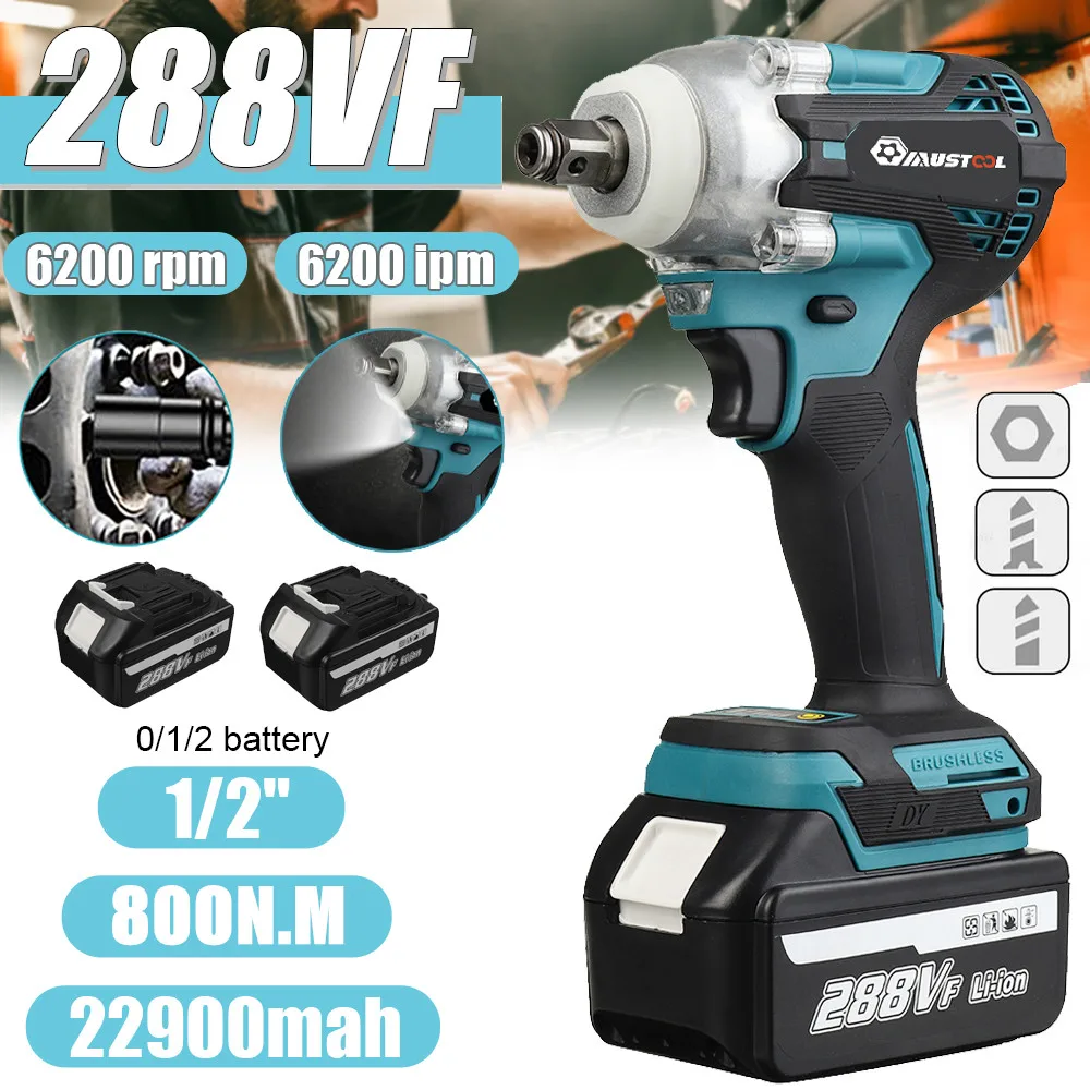

MUSTOOL 800N.M Brushless Cordless Electric Impact Wrench 1/2 inch Power Tools 29000mAh Li-ion Battery for Makita 18V Battery