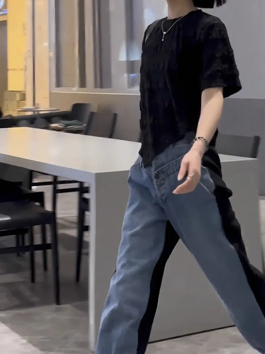 Y2k Pear-shaped Body Slightly Fat Wear Big Size 2023 Summer New Style Of Bunched Feet Radish Pants Denim Splicing Pants Thin