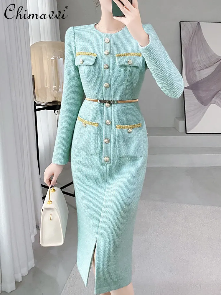 

Синее элегантное платье, Новинка весна-осень 2023, профессиональное приталенное платье средней длины с круглым вырезом и длинными рукавами