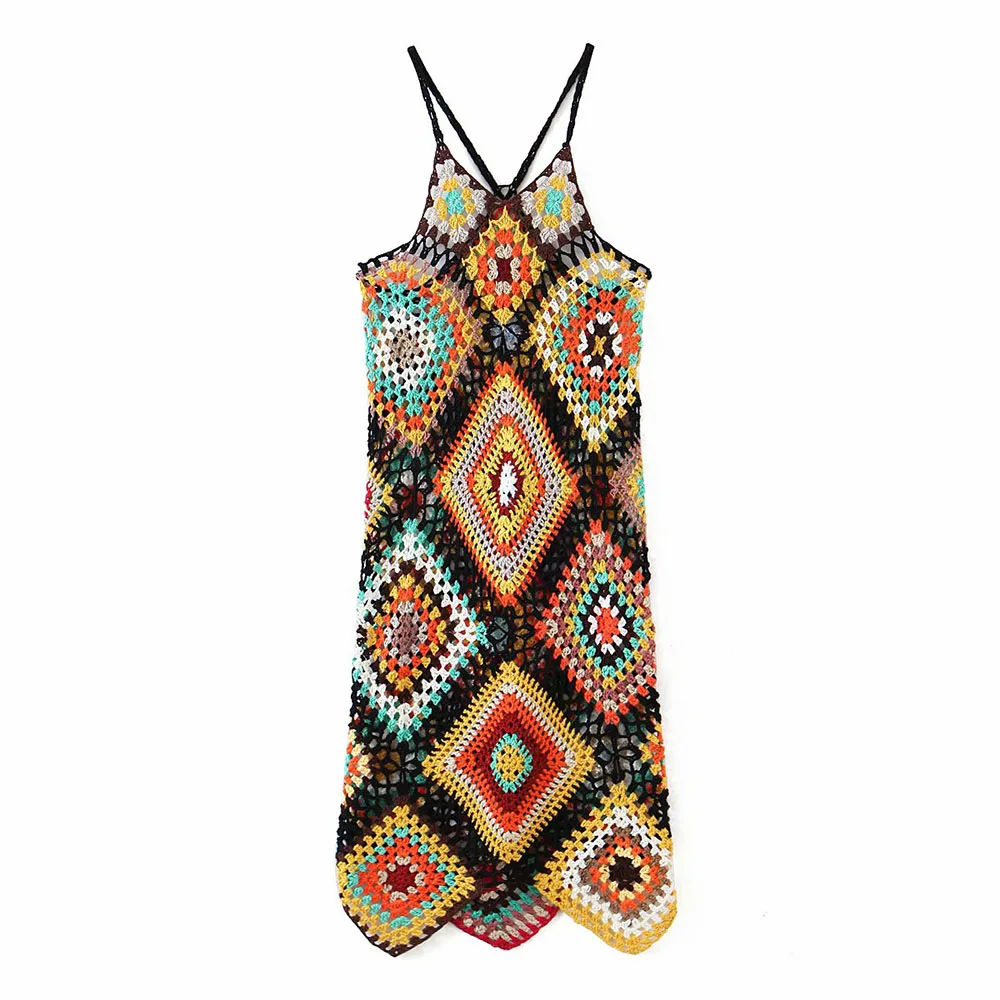 

2021 Women Chic Fashion With Sleeveless Dress Vintage Backless Thin Straps Female Hand made Crochet Dresses Vestidos Mujer