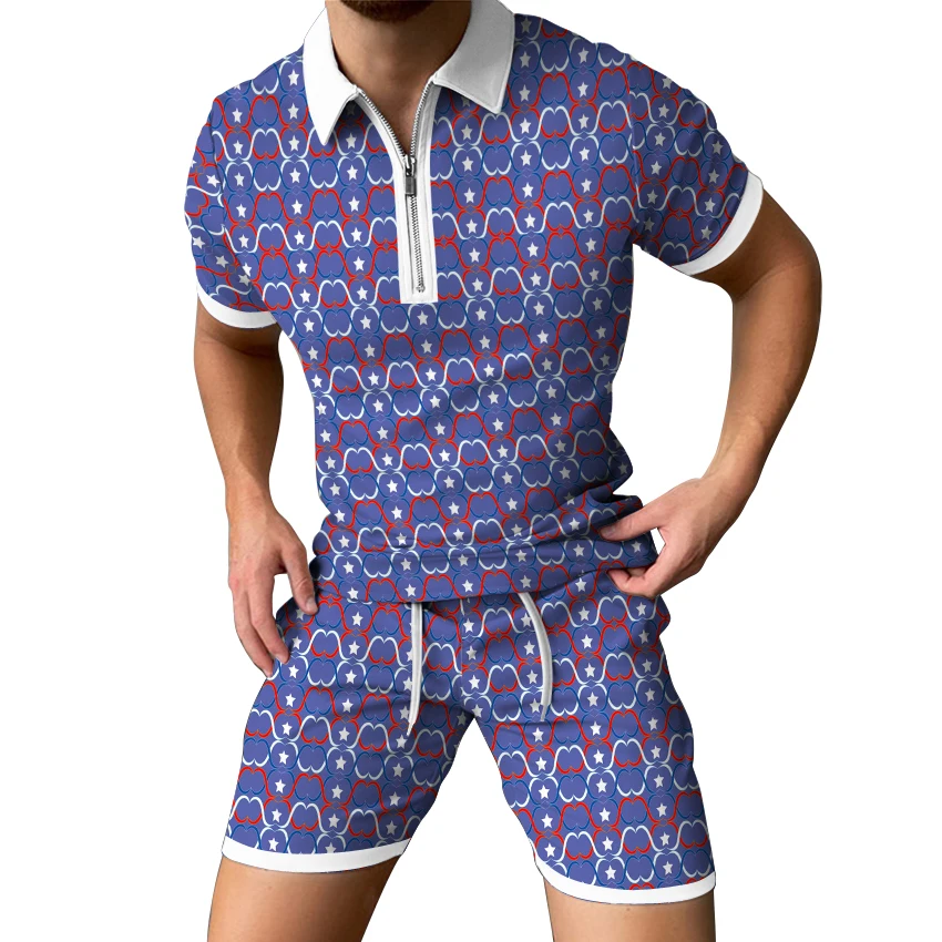 

Spring/Summer 2022 Men's Short Sleeve Shorts Fashion POLO Shirt Beach Casual Printed Zipper Collar Suit