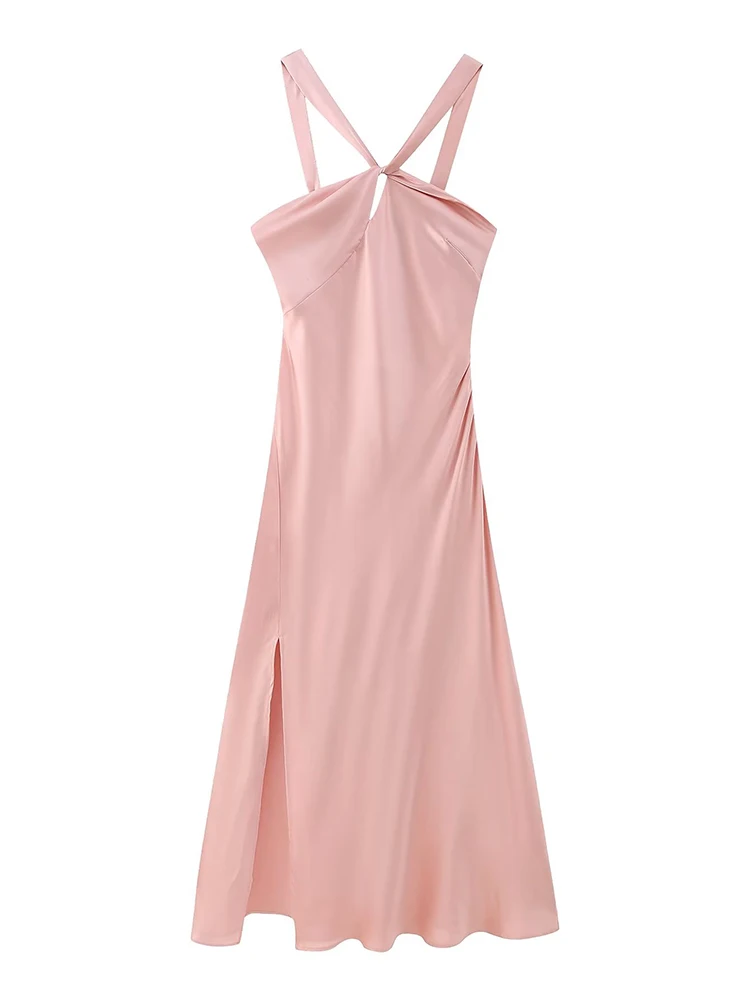 

Women Fashion Hem Slits Pink Halter Satin Dress Sexy Vestido
