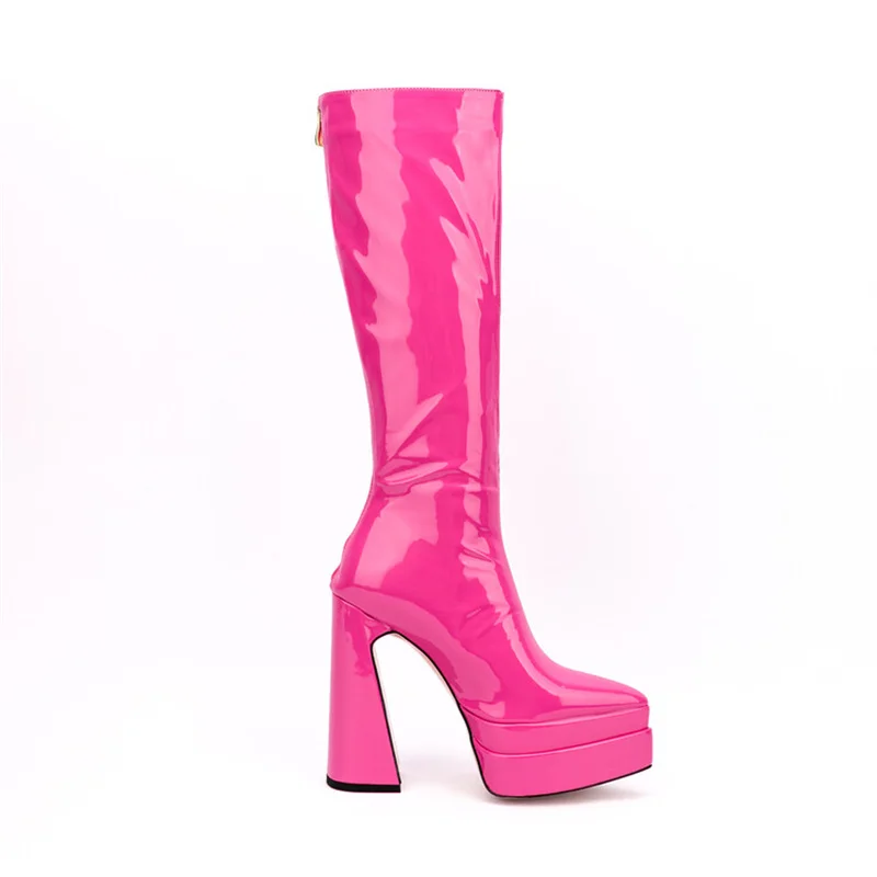 New Style Fashion Women's Mid Calf Boots Winter Pointed Toe Thick Platform High Heels Women Shoes Patent Leather Ladies Boots