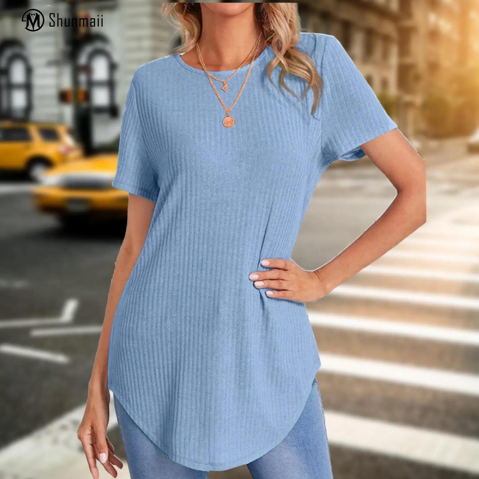 

Women Casual Tee Crew Neck Loose Solid Color Fashion Lightweight Polyester All-match Single Breasted Back for Female Relaxed-Fit