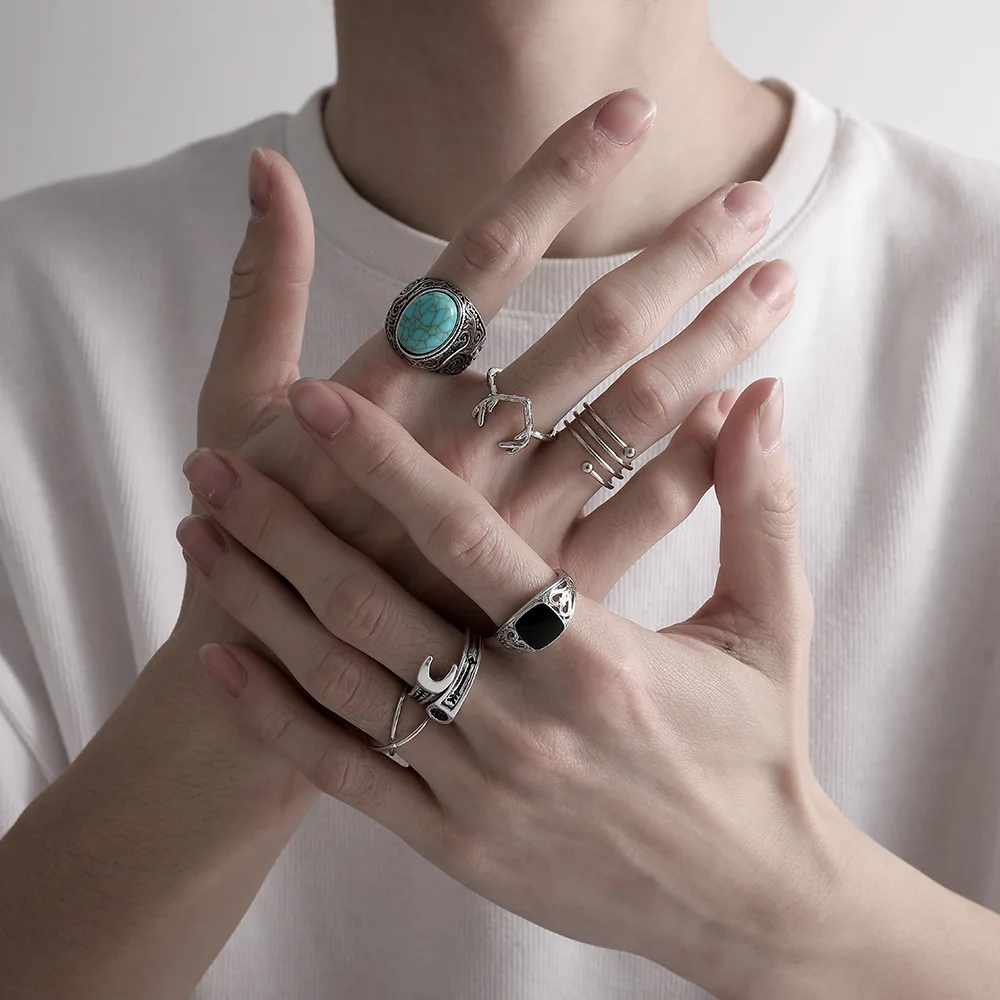 

Vintage Fashion Women Men Blue Turquoise Wrench Antlers Multi-Piece Open Adjustable Ring Set