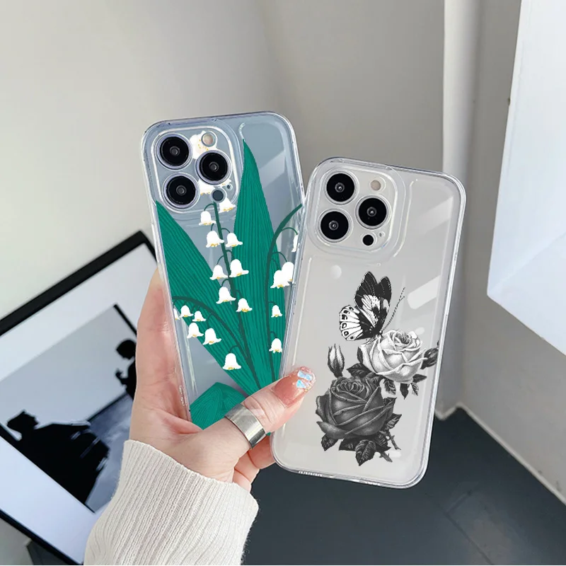 

Rose Butterfly Leaf Transparent Shockproof Case For iPhone 14 13 12 11 Pro XS Max X XR 7 8 Plus Clear Cover Luxury Soft Silicone