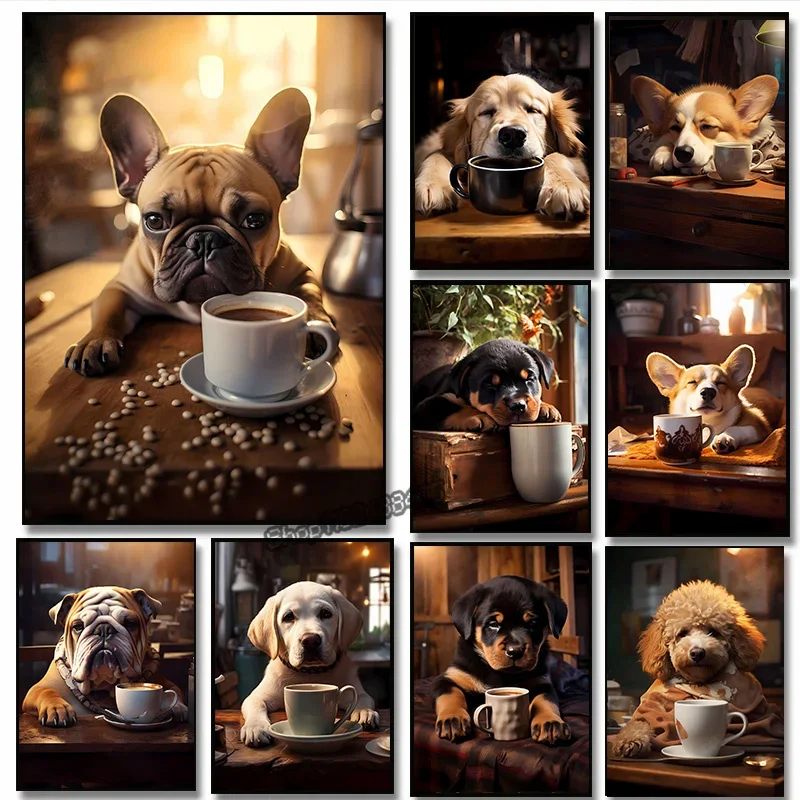 Милые собаки Золотистый ретривер Французский бульдог Щенок Кофе Плакат Печать