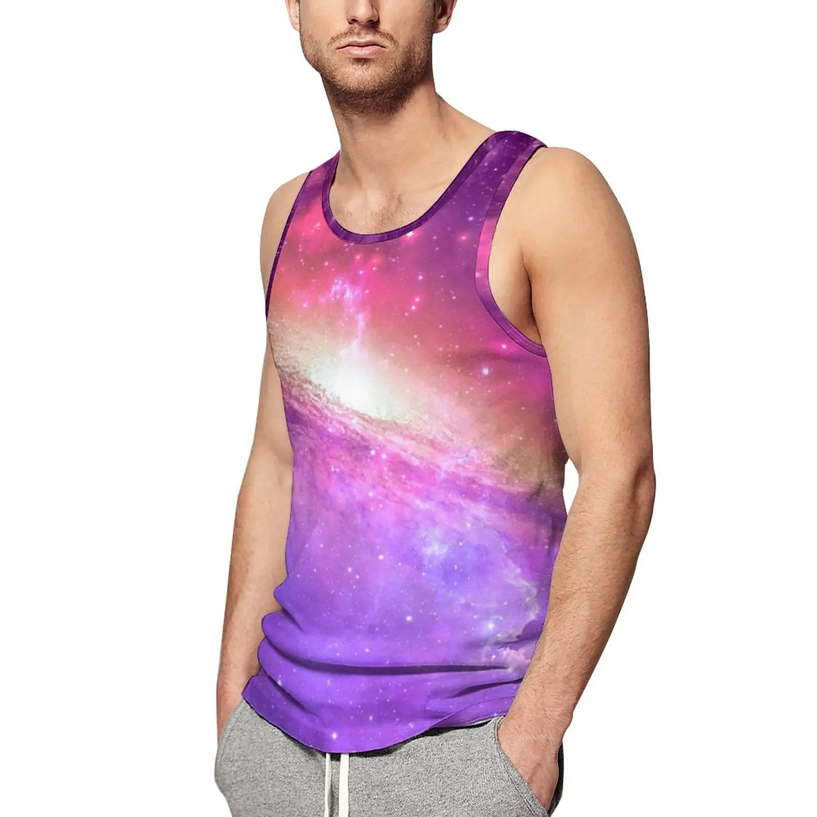 

Colorful Purple Galaxy Tank Top Man's Watercolor Stars Print Gym Oversized Tops Summer Streetwear Custom Sleeveless Vests