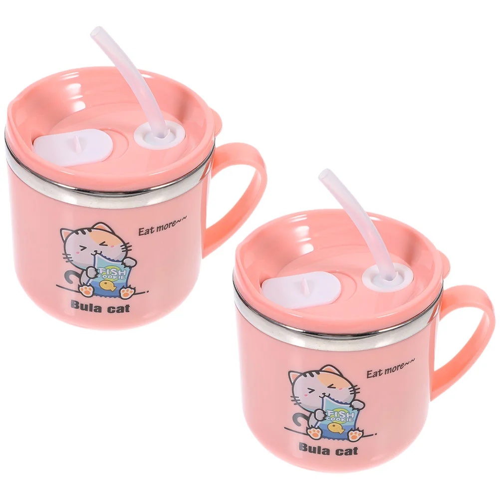 

2pcs Water Mug Baby Straw Cup Adorable Cartoon Mug Stainless Steel Drinking Cup