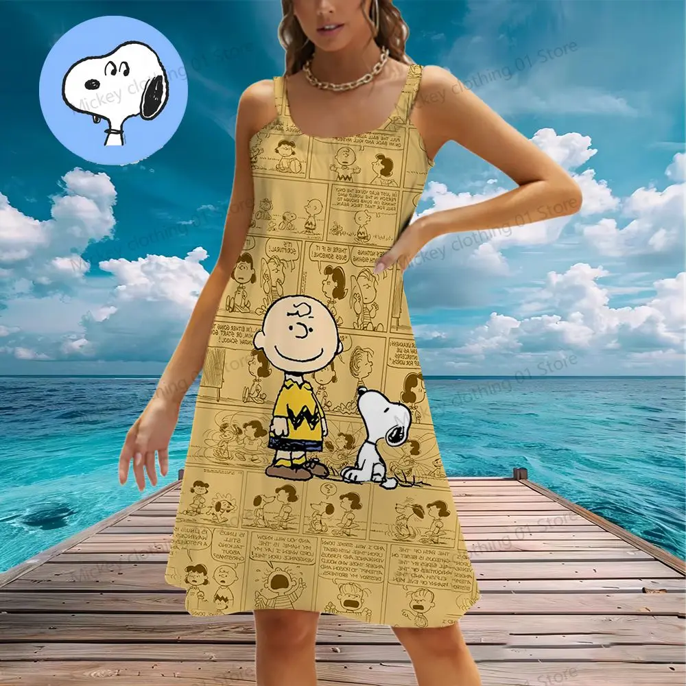 Женские пляжные платья Kawaii Snoopy женское летнее аниме Y2k 2024 элегантное шикарное