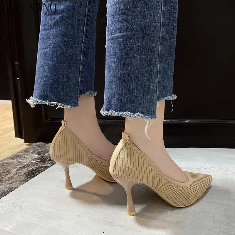 

Womens Stretch Knitted Solid Color Breathable Cozy Work Shoes Brief Slip-On Fashion Ladies Pumps Pointed Toe Stiletto High Heels