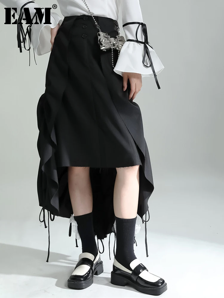 

[EAM] черная Асимметричная юбка с высокой эластичной резинкой на талии и завязками сзади, длинная юбка для женщин, модная новинка сезона весна...